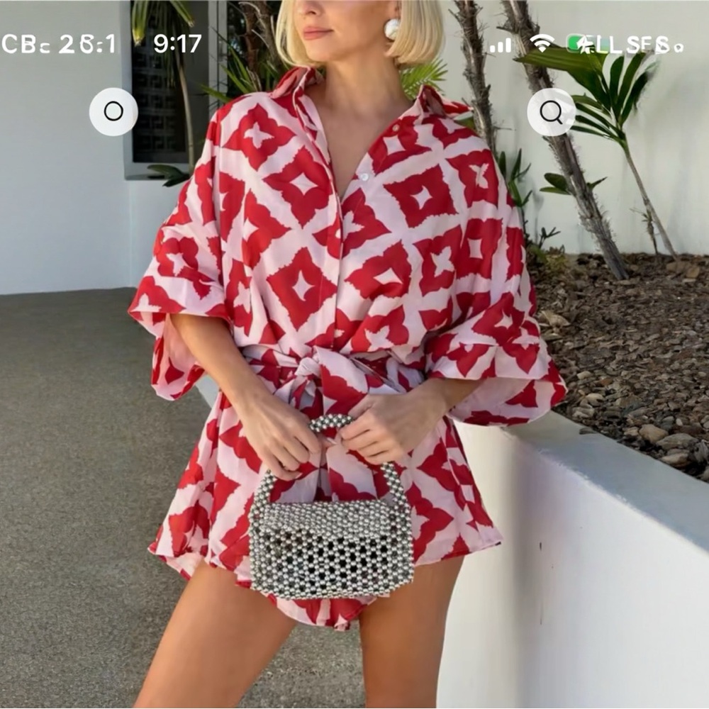 Red and Pink Geometric Print Romper